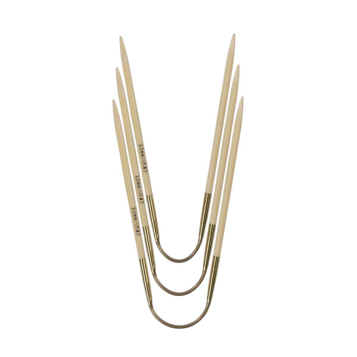 Three short, flexible double-pointed needles, called CraSyTrio Bamboo