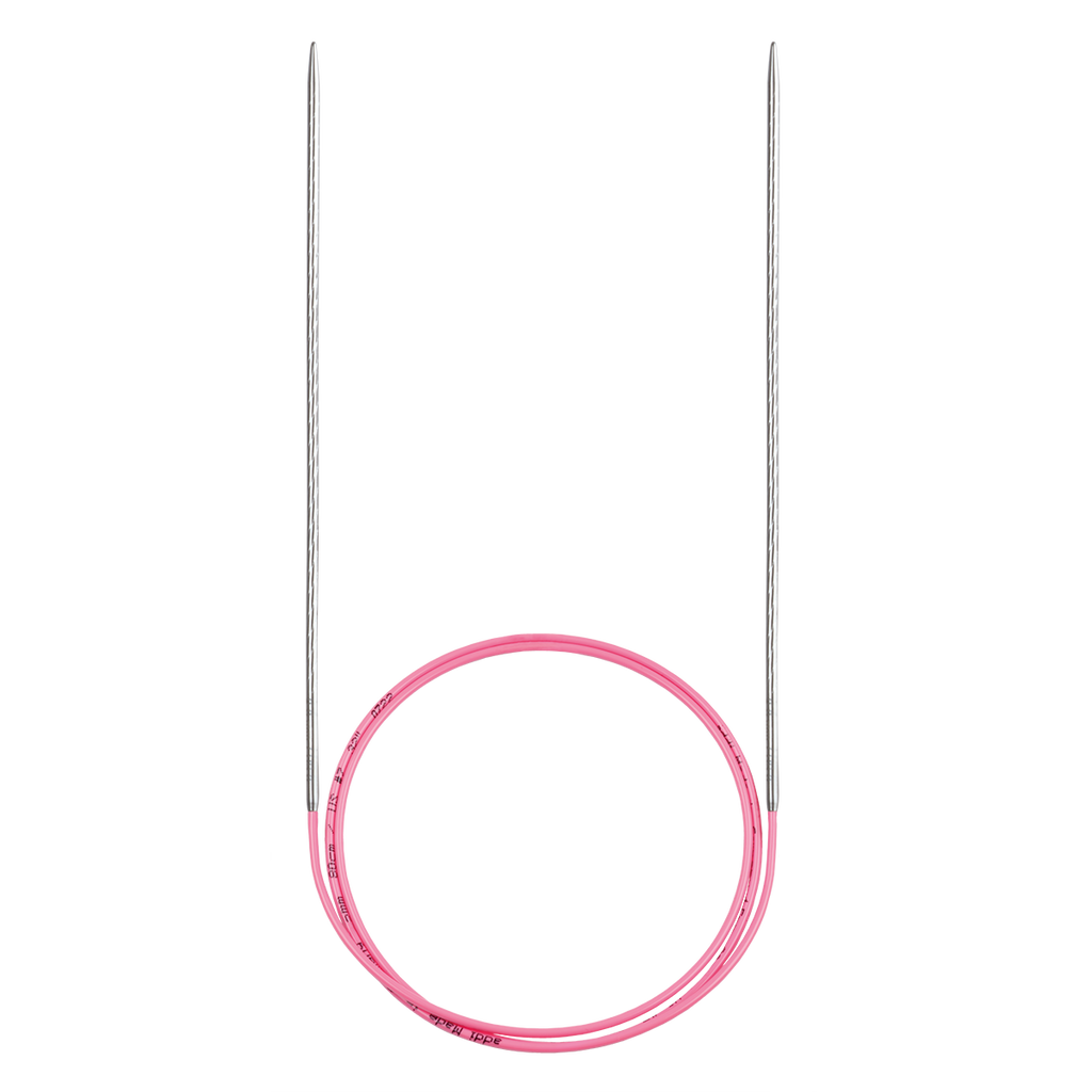 Pink circular knitting needle with silver metal tips on a plain white background.
