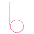 Pink circular knitting needle with silver metal tips on a plain white background.