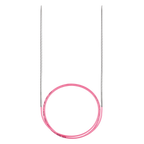 Pink circular knitting needle with silver metal tips on a plain white background.
