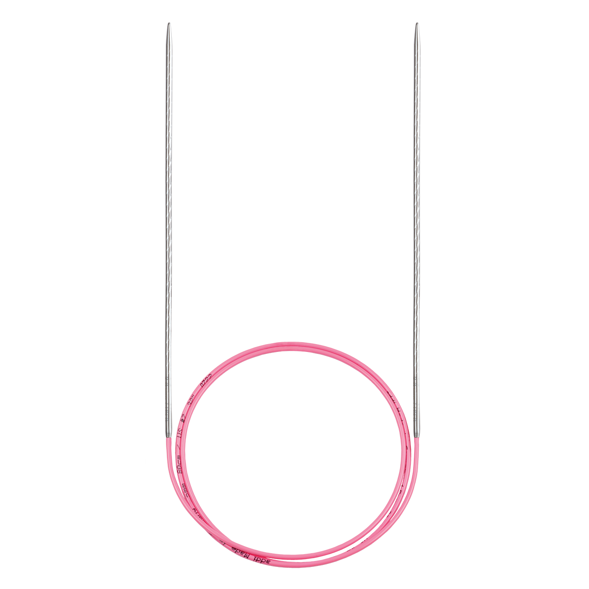 Pink circular knitting needle with silver metal tips on a plain white background.