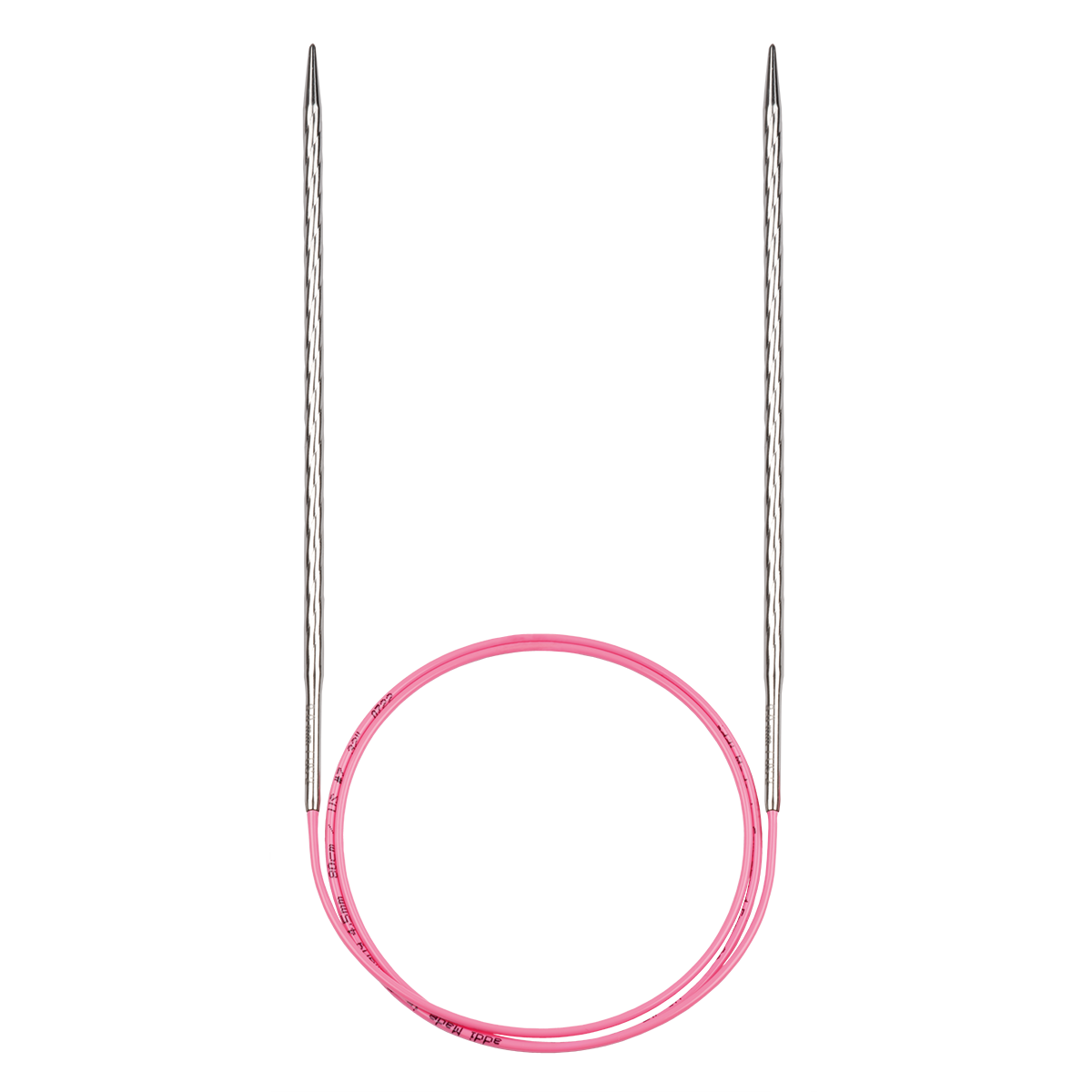 Pink circular knitting needle with silver metal tips on a plain white background.