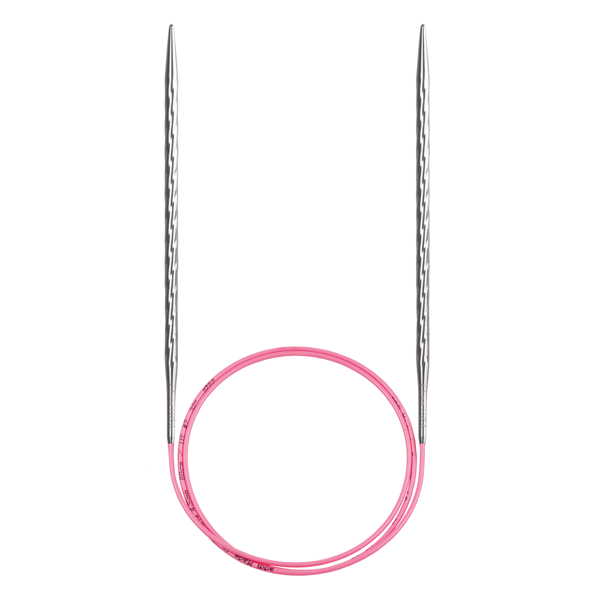 Circular knitting needles with silver metallic tips and a pink cable section, shown on a plain white background.