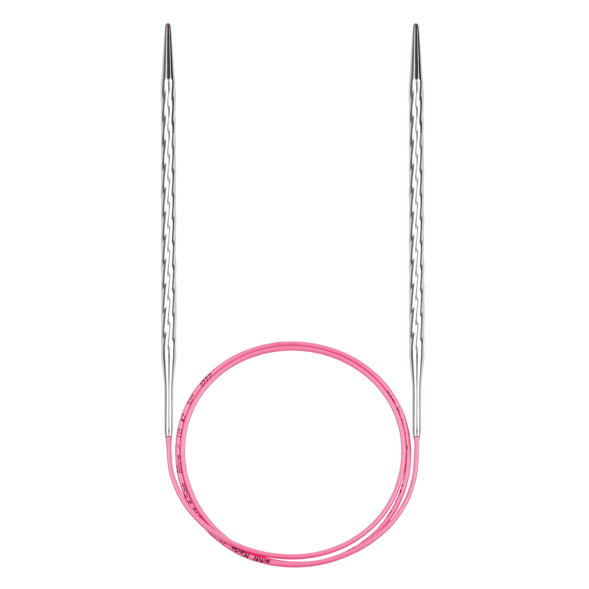 A circular knitting needle set with silver metallic twisted shafts and a flexible pink cable connecting the tips, shown on a plain white background.