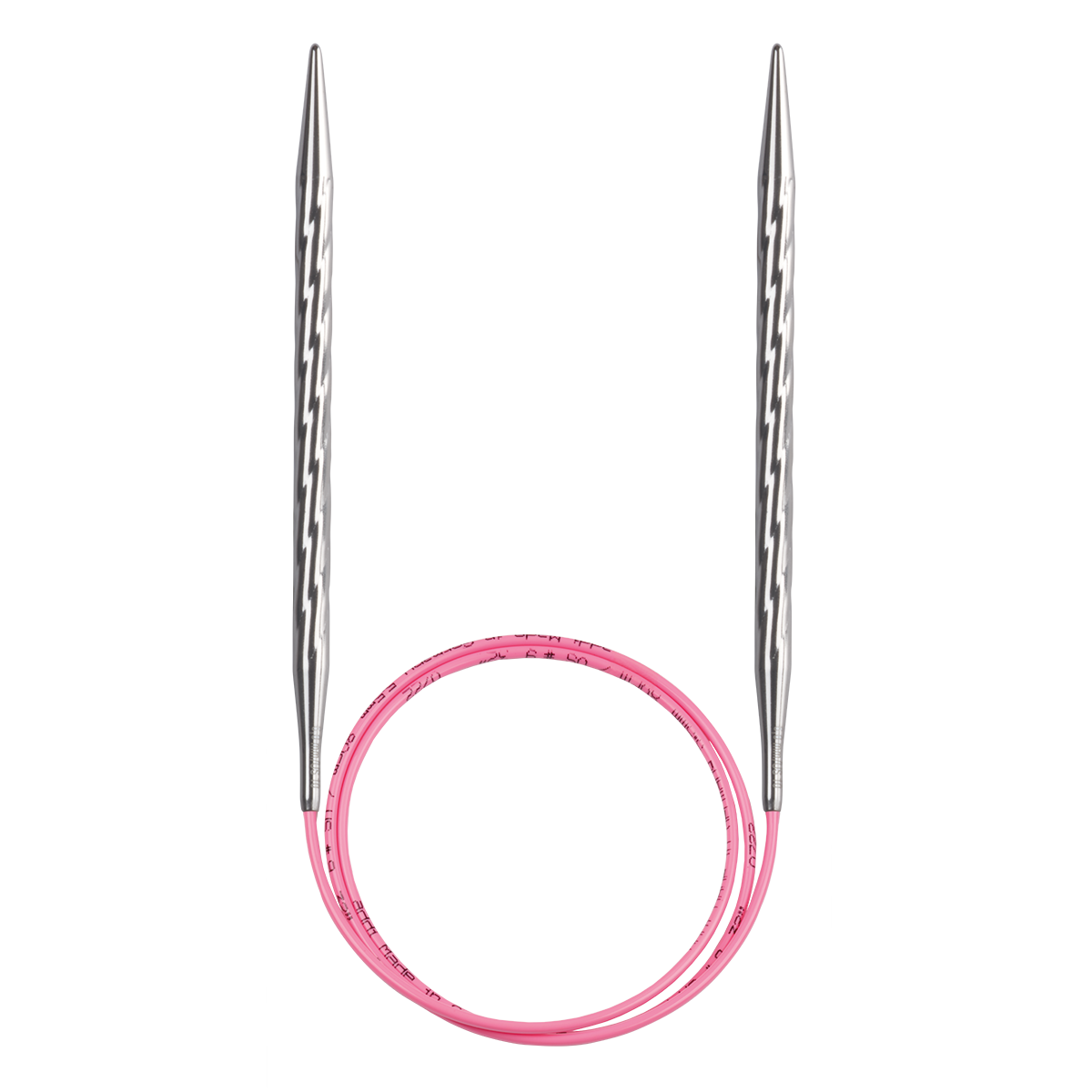 Pink circular knitting needle cord with two silver metal tips with spiral structure, shown on a plain white background.