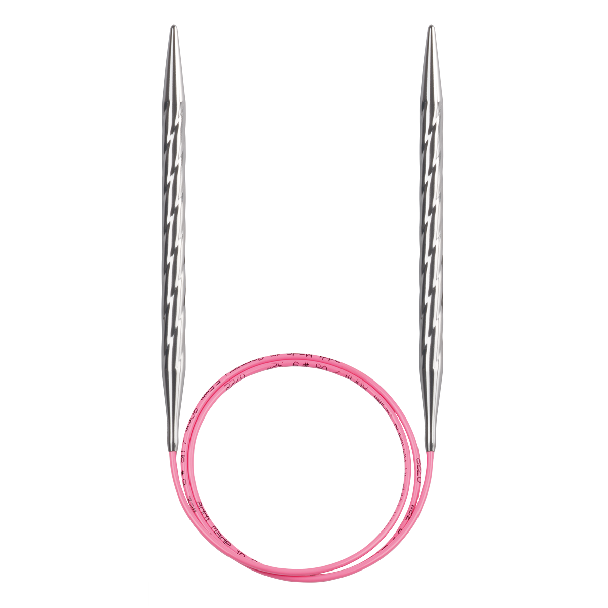 Circular knitting needles with metallic silver tips with a spiral texture, and a bright pink cable, shown on a plain white background.