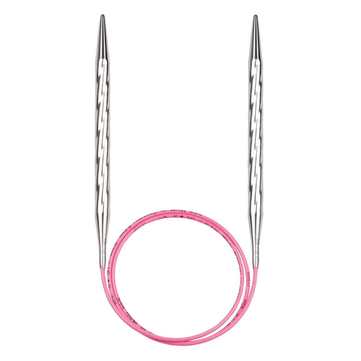 Circular knitting needles with metallic silver tips and a pink cable connecting them, shown on a plain white background.